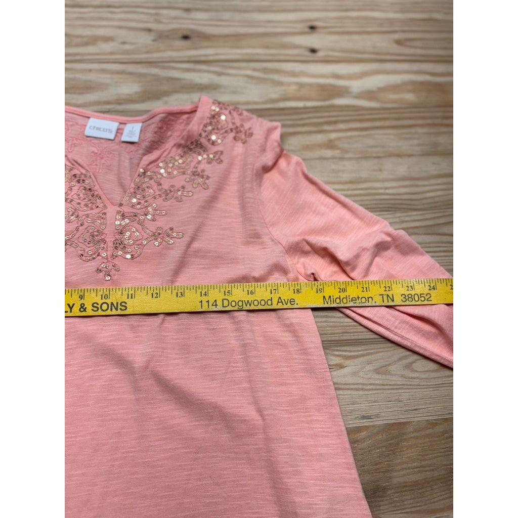 Chico’s Sequin Embellished Tunic Top Women’s Size 1/Medium Cotton Blend Knit