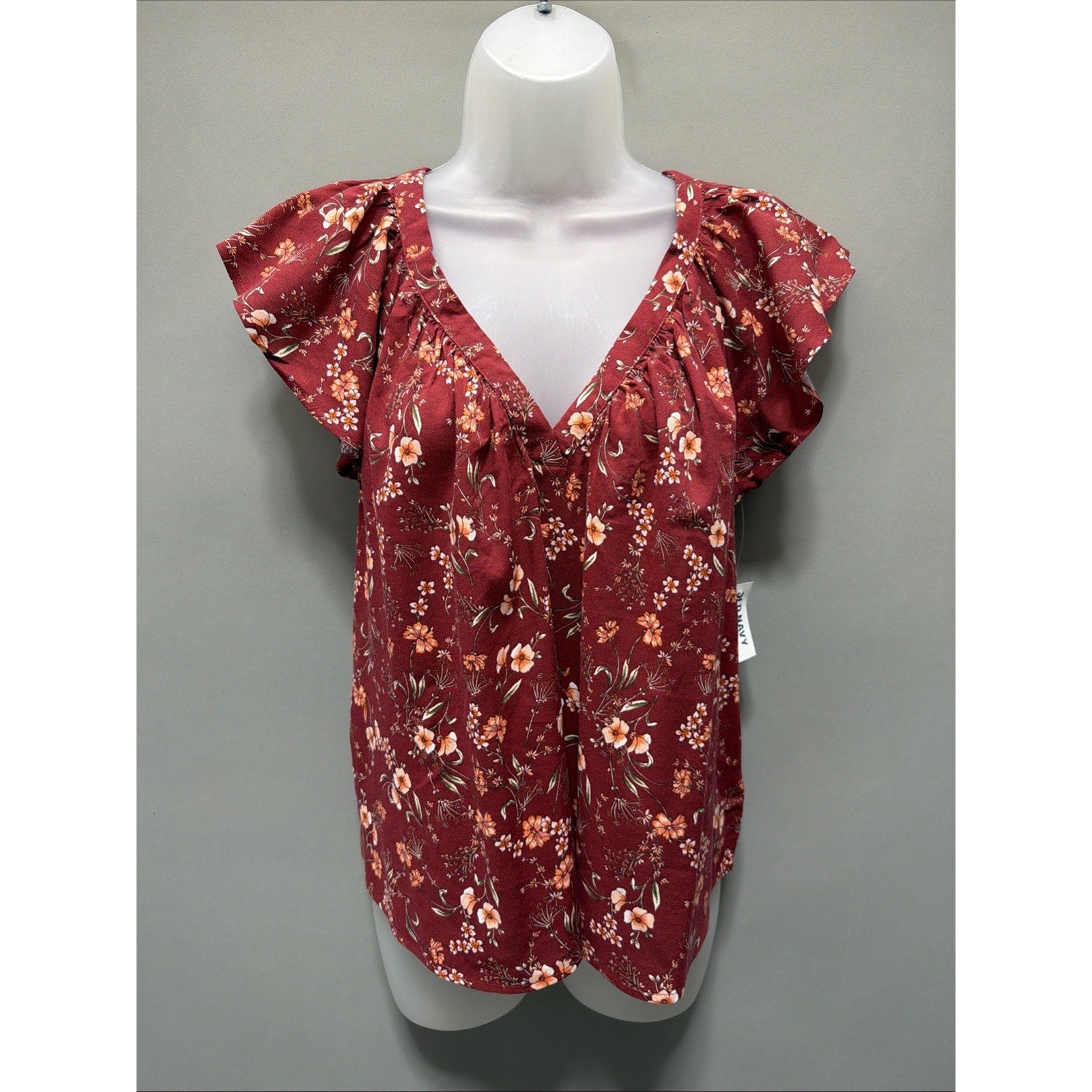 OLD NAVY Flutter-Sleeve Floral-Print Swing Cottagecore Blouse-Red Floral-S New