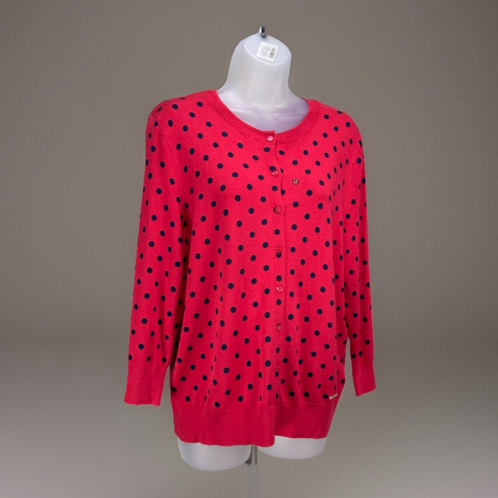Ellen Tracy Women's Cardigan Sweater Size Large Pink Blue Polkadots 3/4 Sleeve