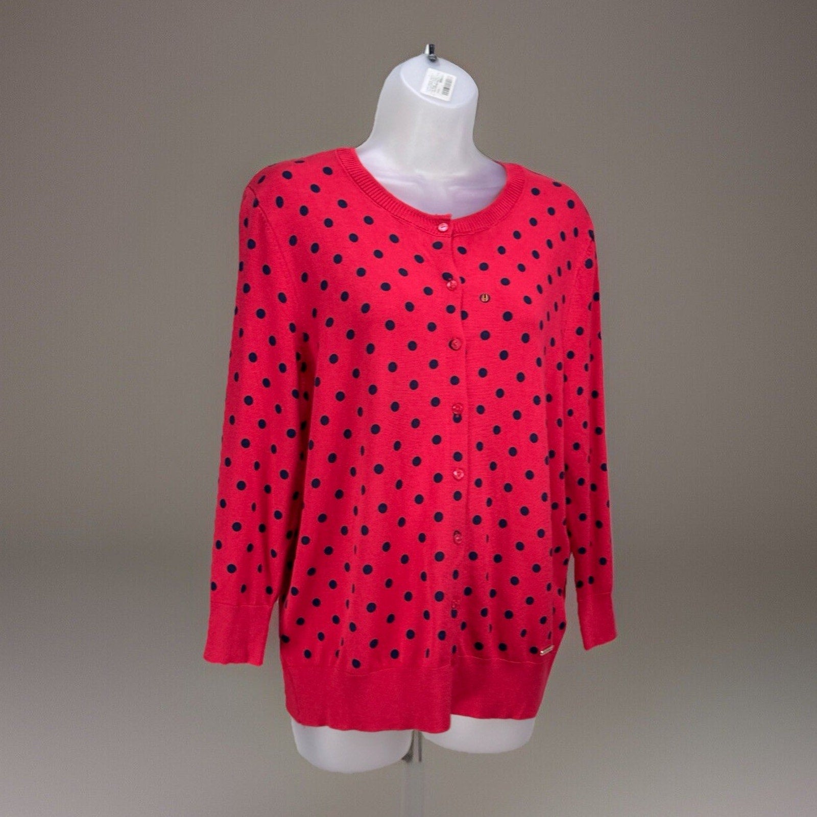 Ellen Tracy Women's Cardigan Sweater Size Large Pink Blue Polkadots 3/4 Sleeve