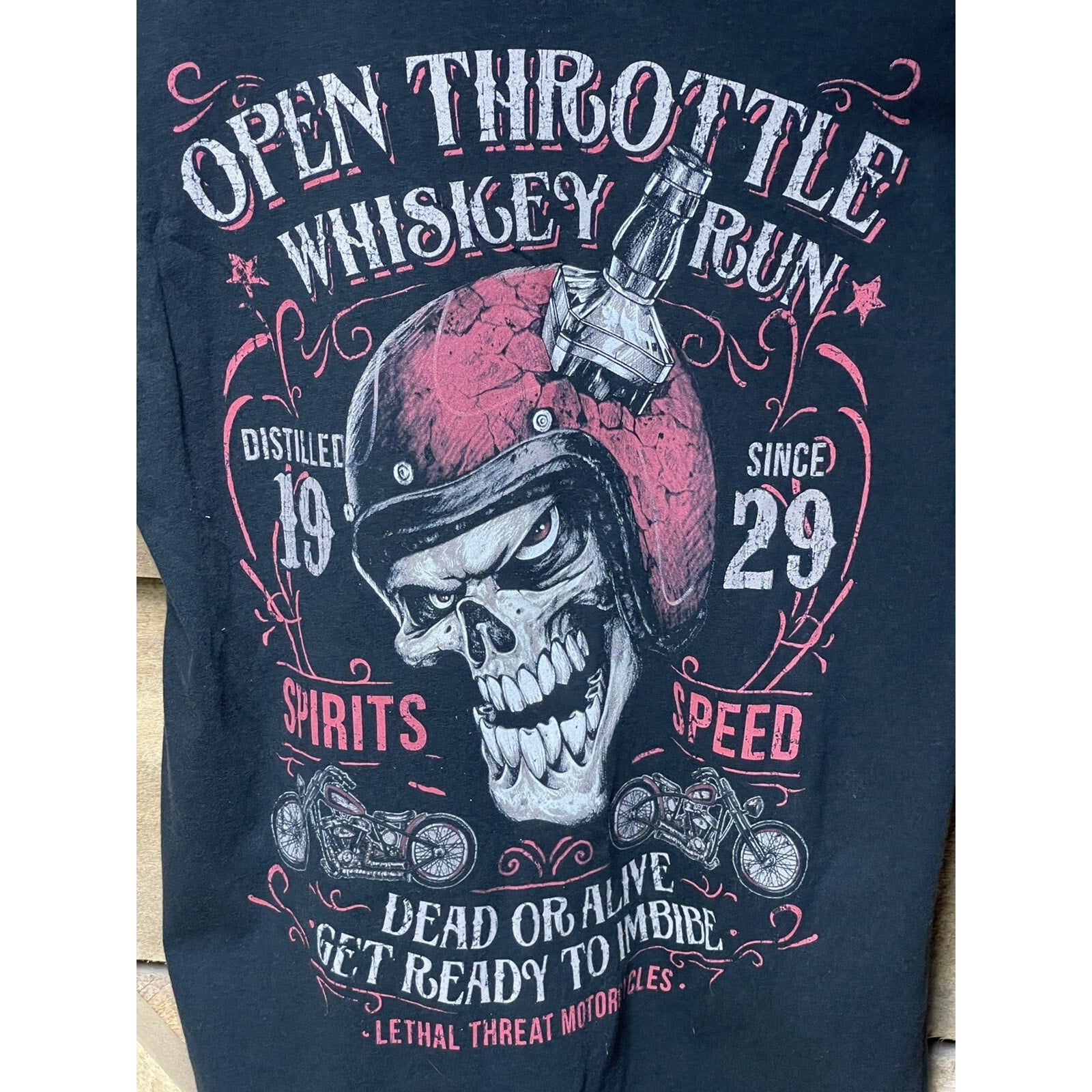 Lethal Threat Motorcycles T Shirt Mens Medium Black Skull Whiskey Run Biker