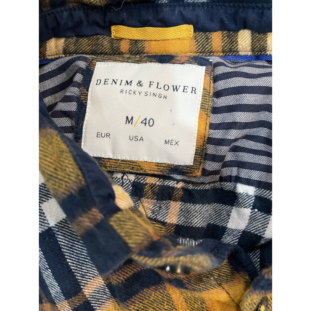 Denim and Flower Flannel Shirt Men's M Blue Yellow Plaid Soft Ricky Singh Casual