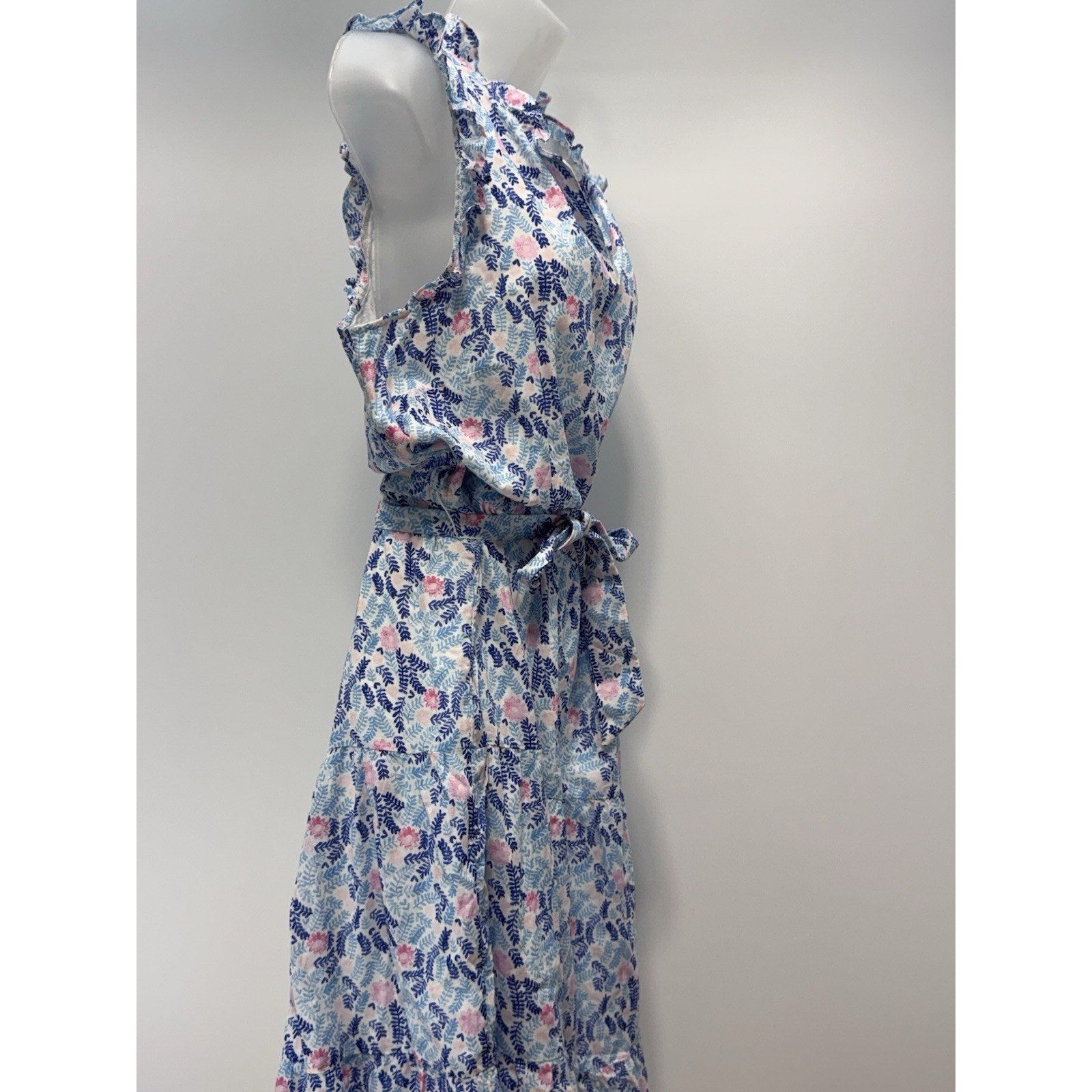 Talbots Blue Pink Floral Tiered Maxi Dress Elastic Waist With Tie Women’s 14 NWT