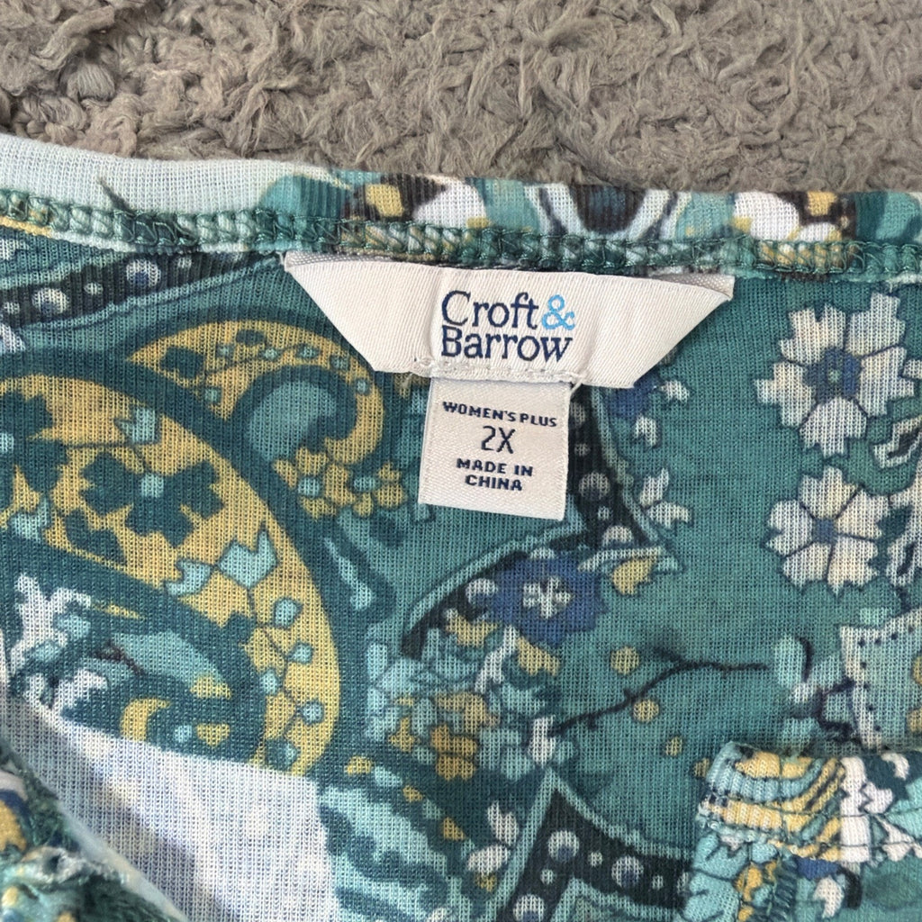 Croft &Barrow Multi Green Paisley 1/4 Button Knit V-Neck Top Tunic Plus Size 2X