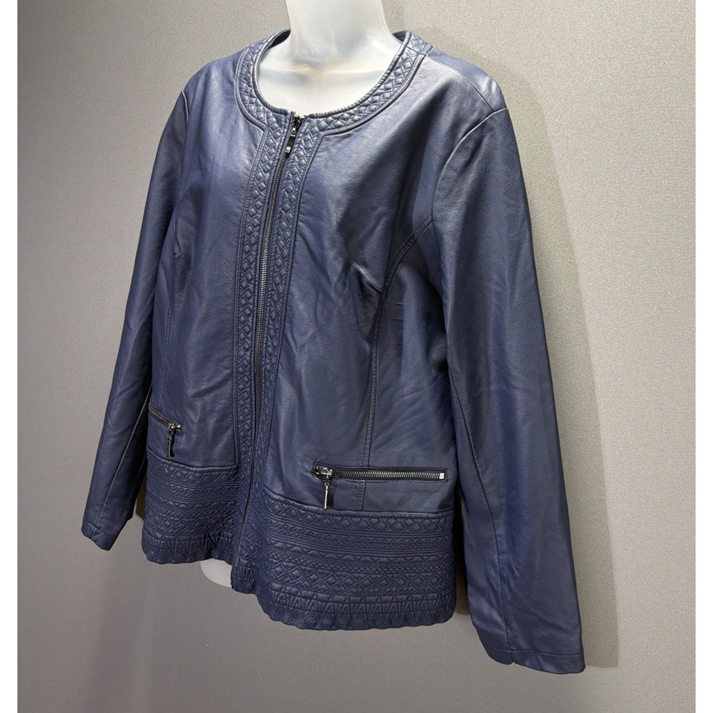 Christopher Banks Blue Faux Leather Jacket Women’s size XL Embroidered New W Tag
