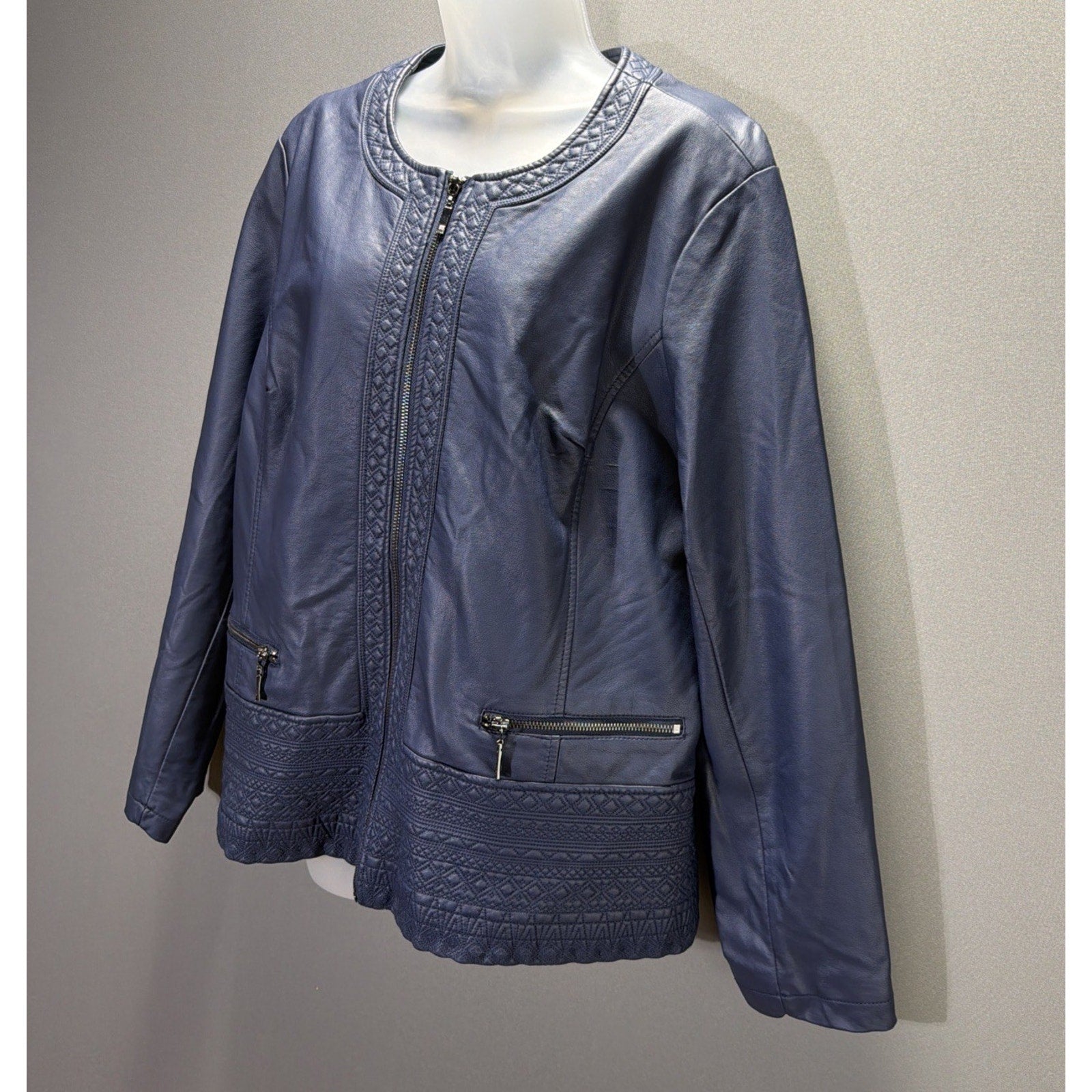 Christopher Banks Blue Faux Leather Jacket Women’s size XL Embroidered New W Tag