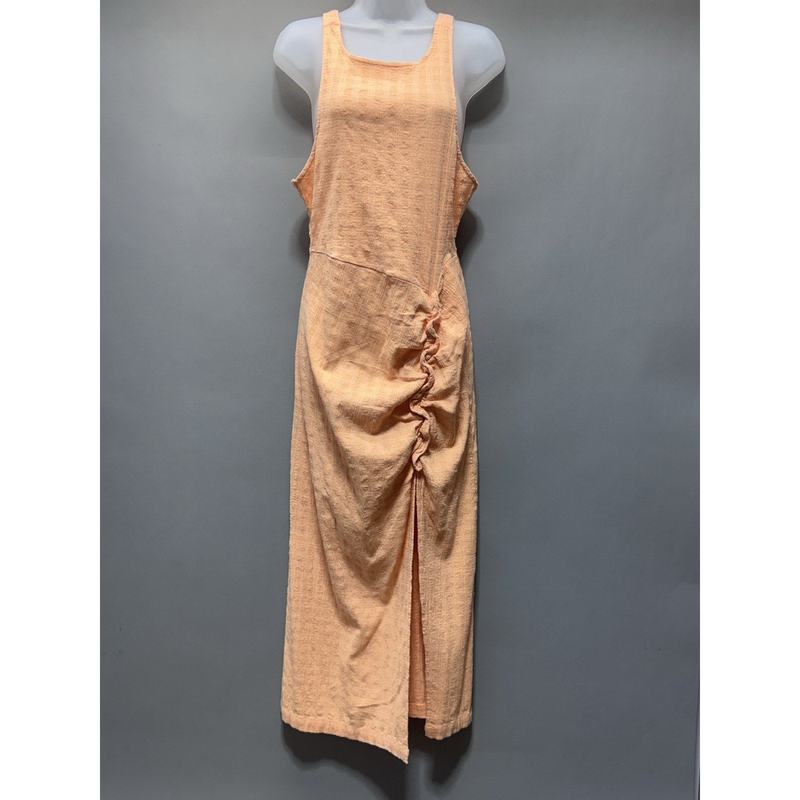 FREE PEOPLE Kokomo Peach Midi Tank Dress Ruched Side Slit Cotton Blend Size Med