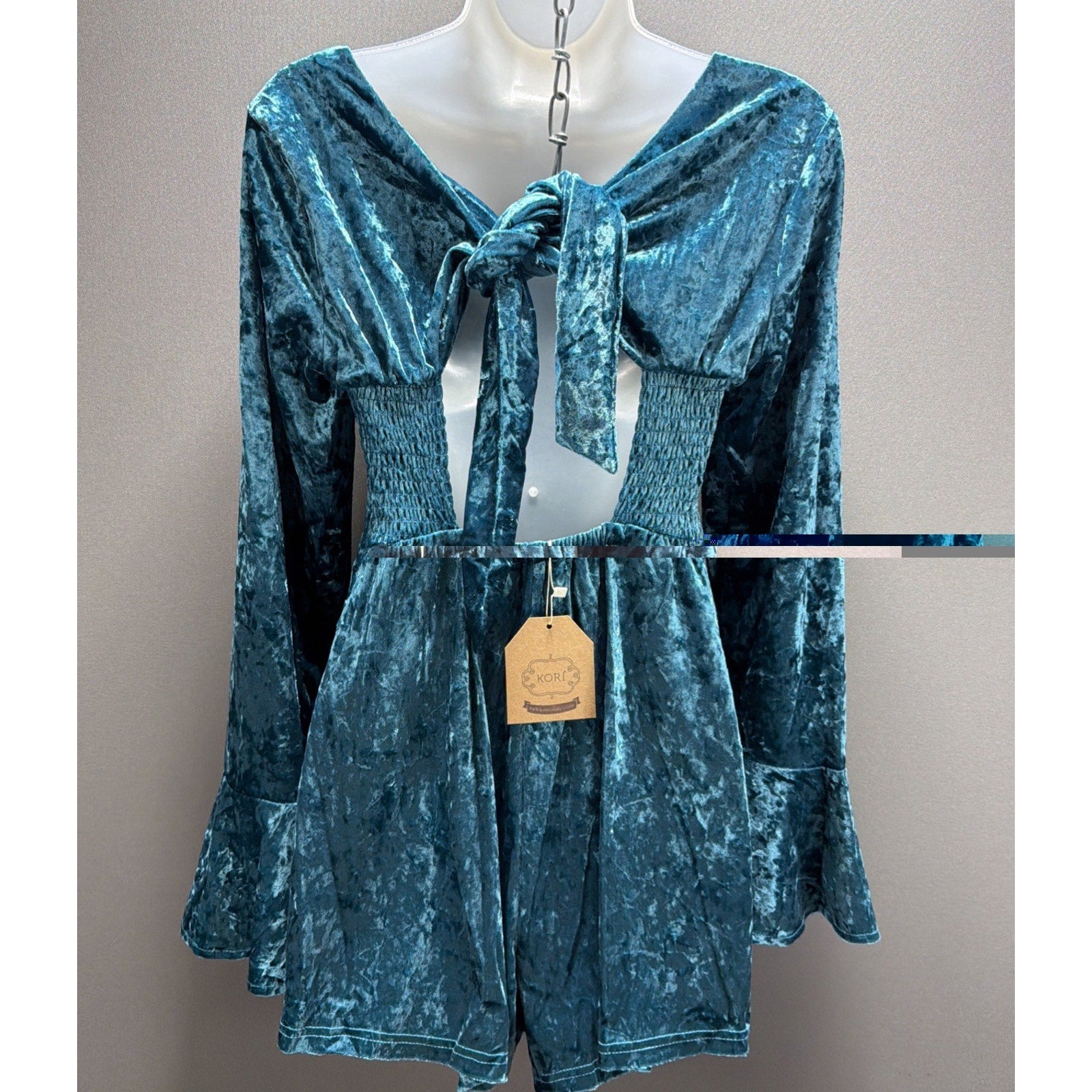New! Kori America Romper Turquoise Velvet Bell Sleeve Mermaidcore Sz M Stretch