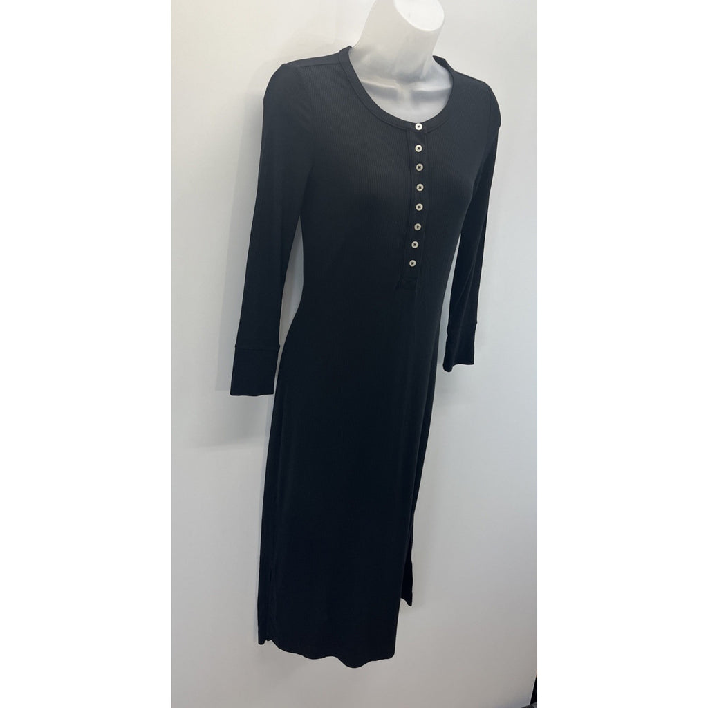 New GAP Black Ribbed Dress XS Midi Long Sleeve Cotton Blend Knit NWT