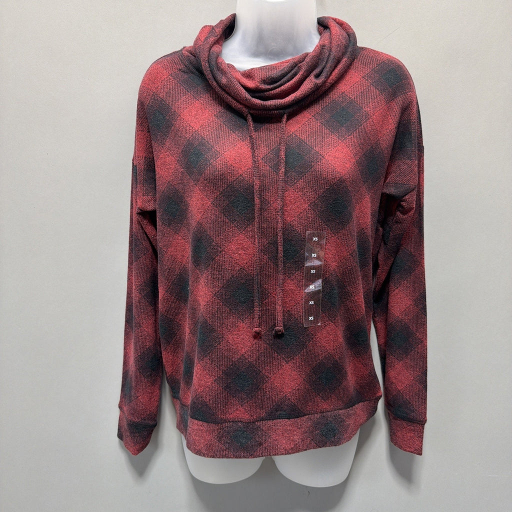 Maurices Lakeside Cozy Plaid Sweatshirt Cowl Mock Neck Sweater Red Women XS NWT