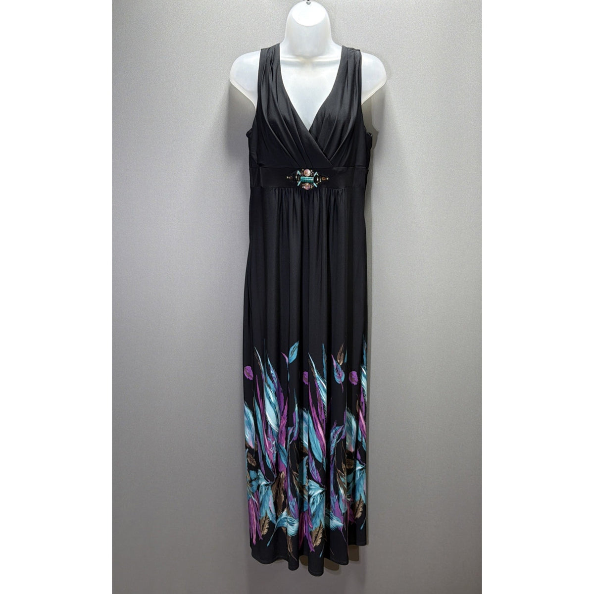 Ronni Nicole Maxi Dress Womens 12 Black Artsy Floral Stretch Sleeveless Boho