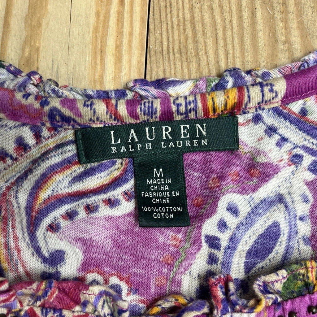 Lauren Ralph Lauren Small Top Blouse Purple Paisley Short Sleeve Tie Neck M