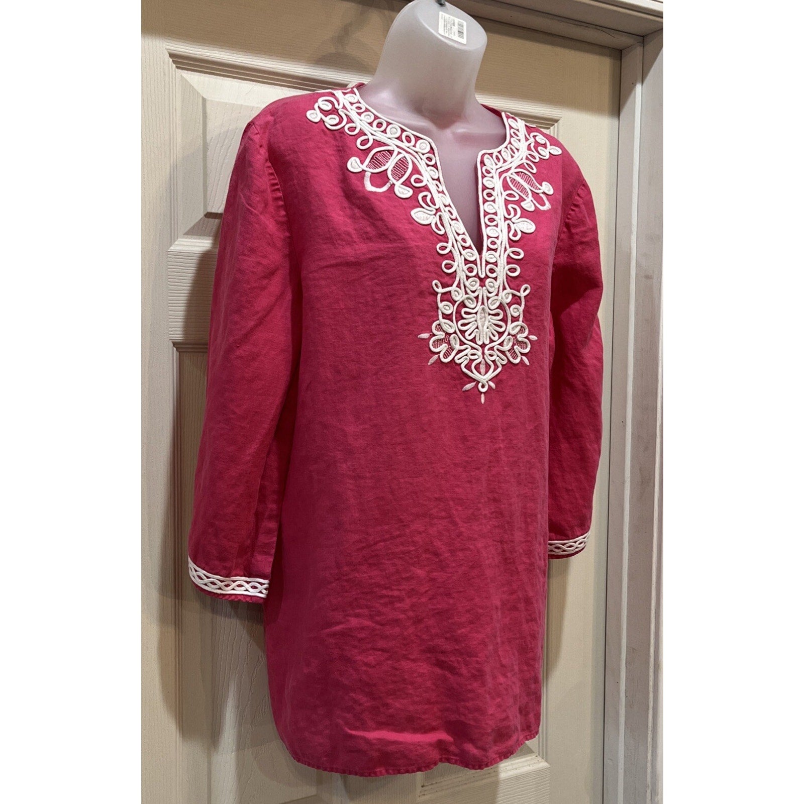 Jones New York Embroidered 100% Linen 3/4 Sleeve V Neck Blouse Pink Sz XL