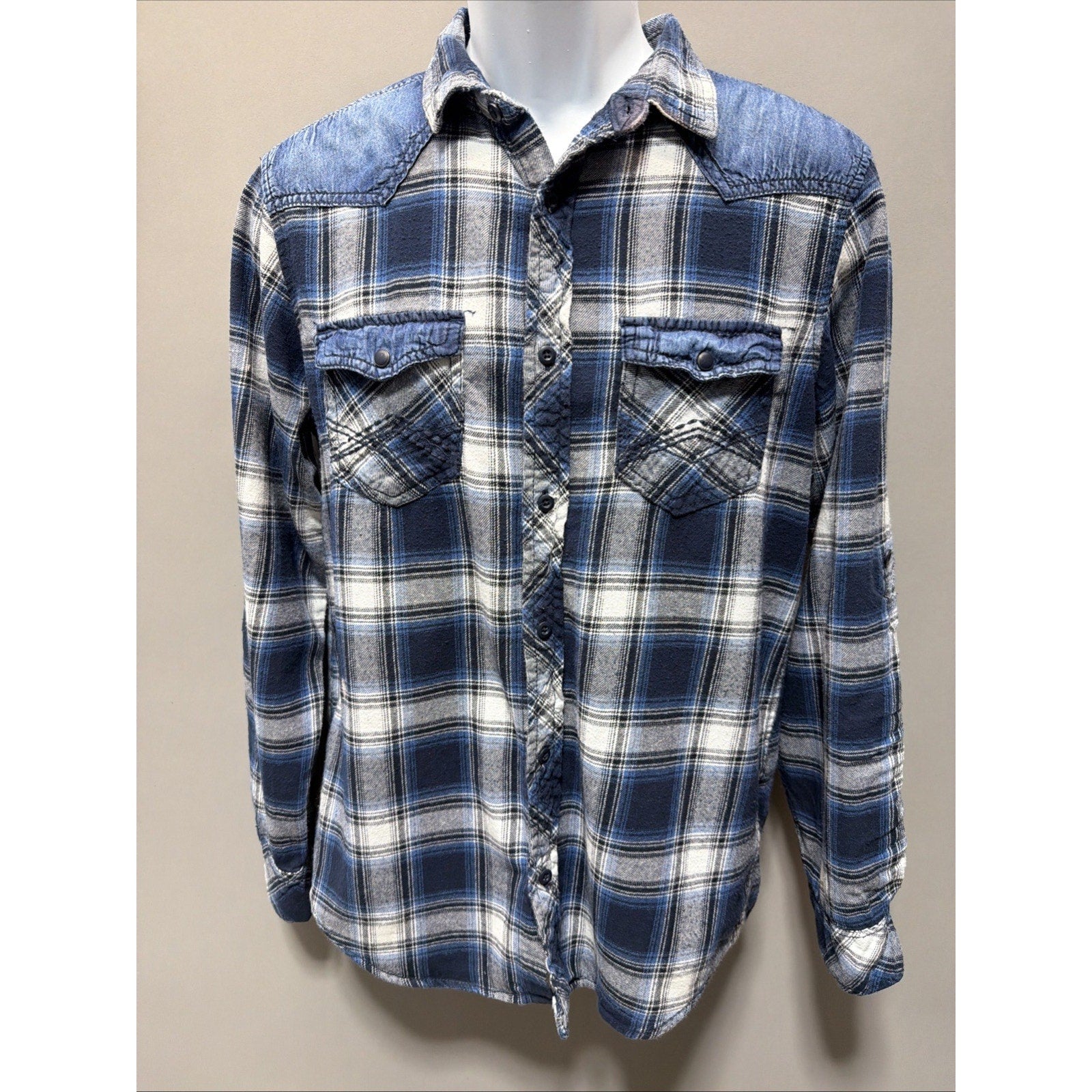 Men's RERUN Blue Plaid Button Down Cowboy Long Sleeve Shirt Size Medium