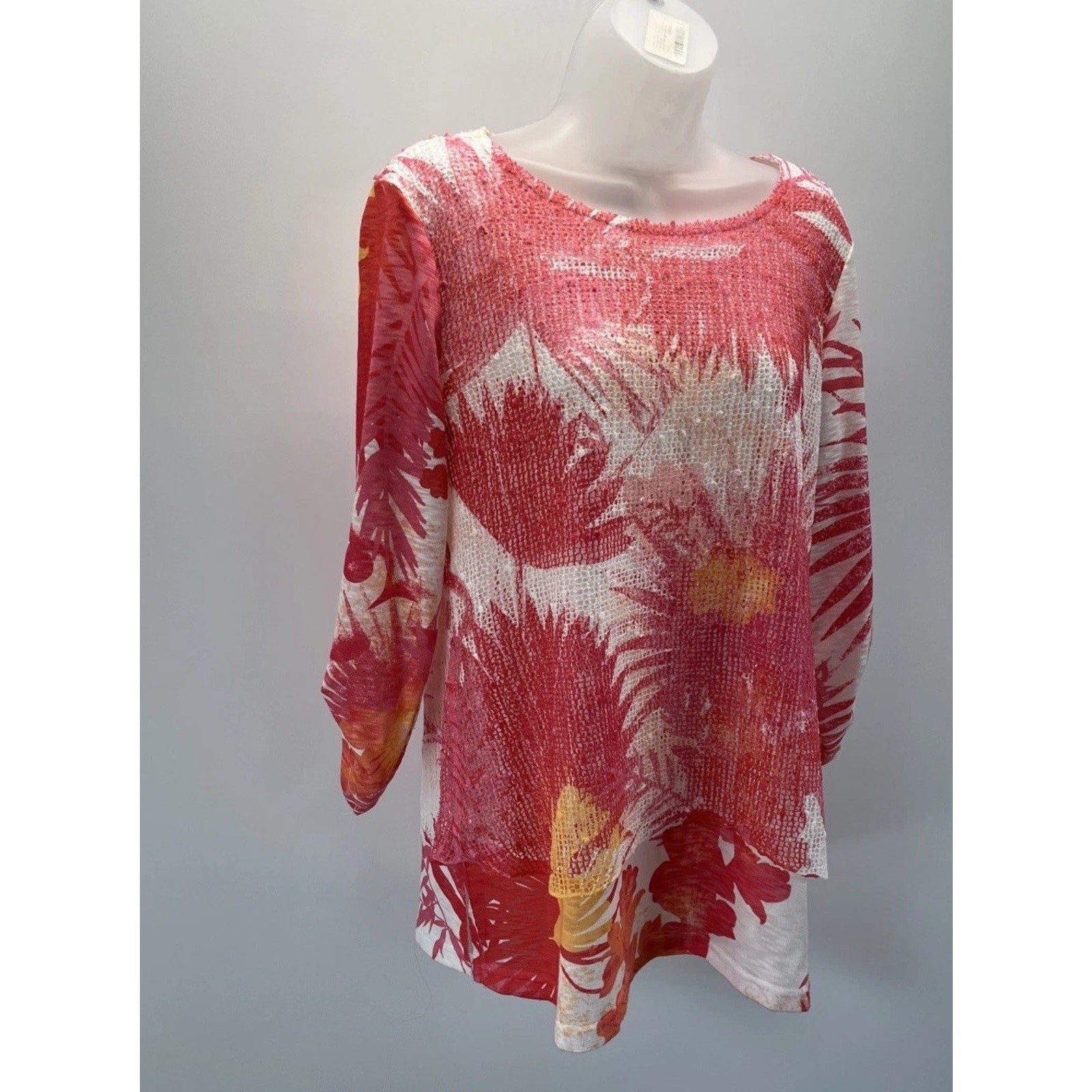 ALI MILES Tunic Top Size Small Floral Pastel Lined 3/4 Mesh Sleeves