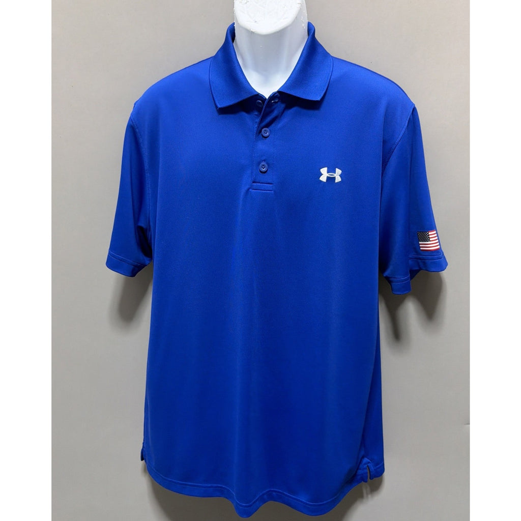 Under Armour Polo Shirt Mens L Blue Solid HeatGear Logo Golf Rugby Adult