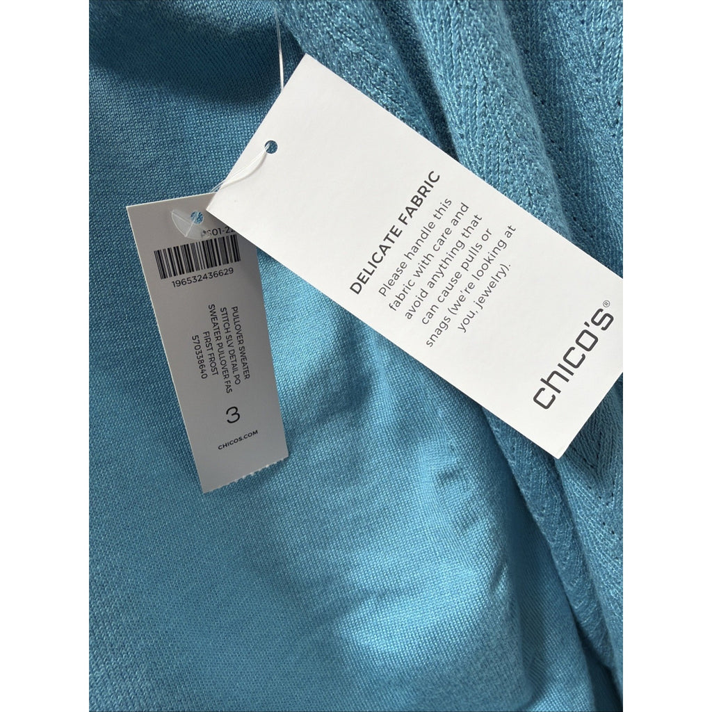 Chicos 3 XL Womens First Frost Blue Stitch Sleeve Detail Pullover Sweater New