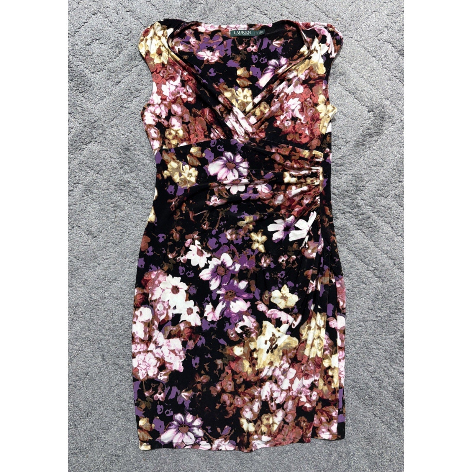 Lauren Ralph Lauren Dress Women 14 Floral Faux Wrap Ruched Sheath Cap Sleeve