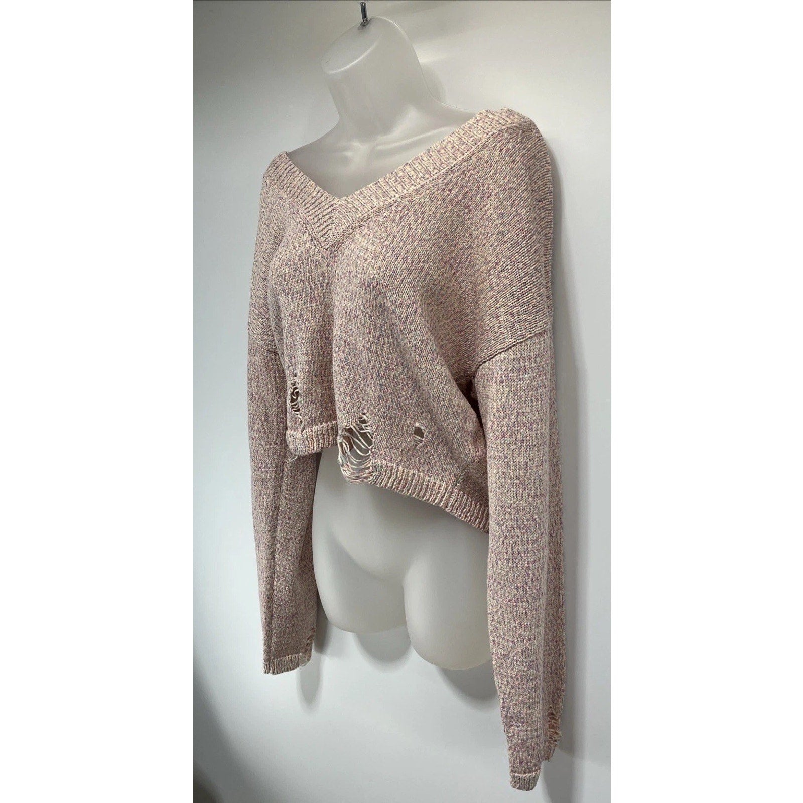 Lelis Womens Pullover Sweater Pink Long Sleeve Ribbed Knit Frayed Medium