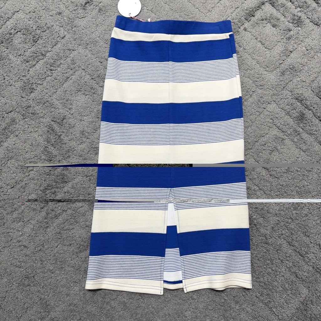 New Umgee Blue White Striped Pull On Midi Skirt Elastic Waist Womens Medium