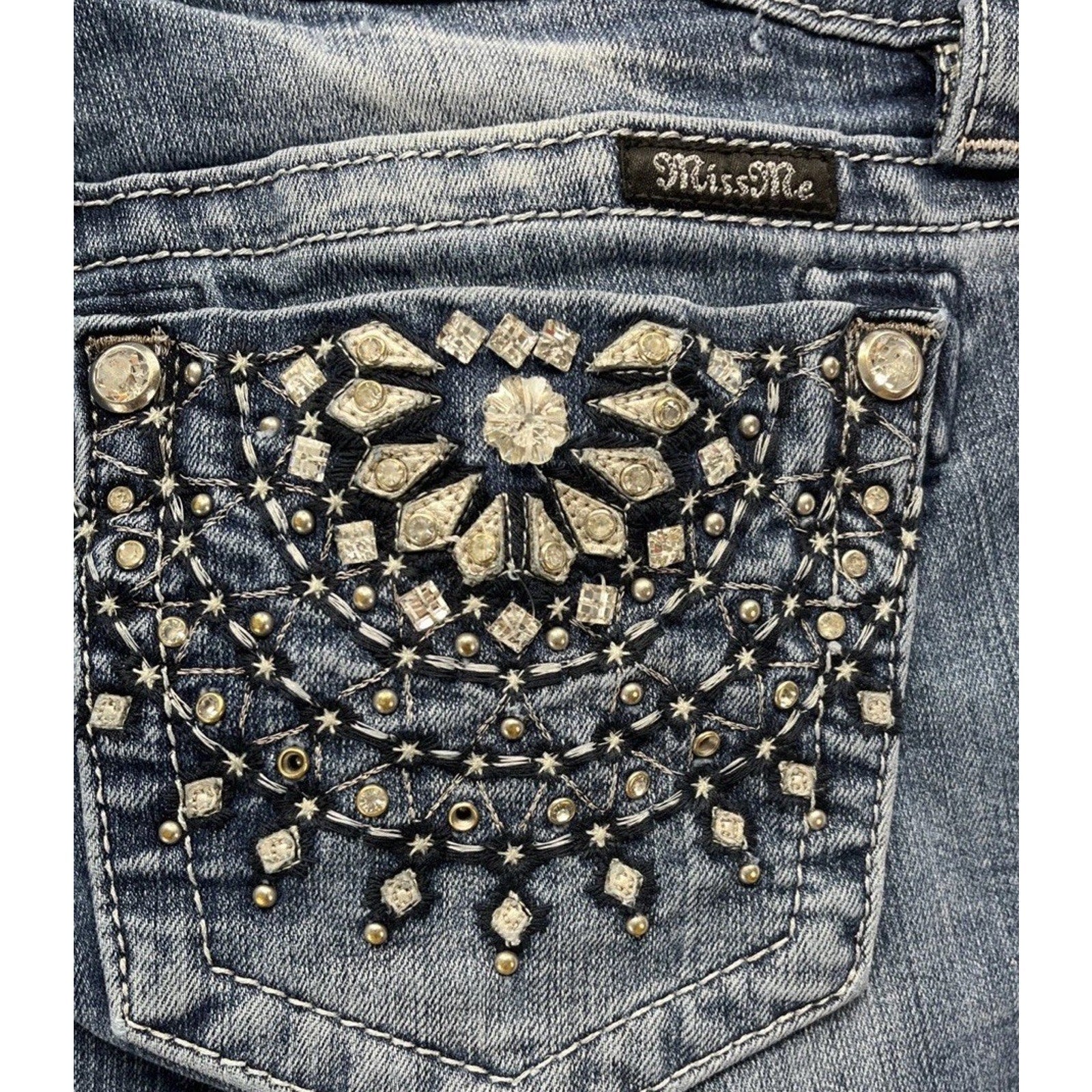 Miss Me Signature Rise Skinny Blue Jeans Womens Size 27x31 Rhinestones Embellish