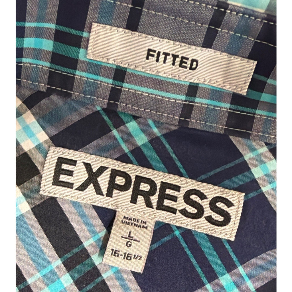 Express Mens Button Up Shirt L Fitted Western Vibe Short Sleeve Blue Plaid