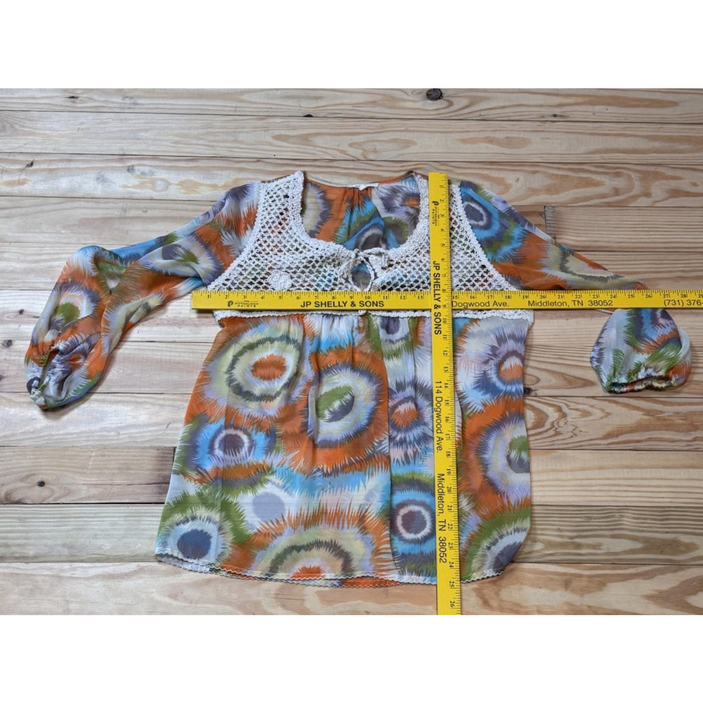 Mystree women S sheer blouse multicolor Tie Dye print scoop neck ties 3/4 sleeve