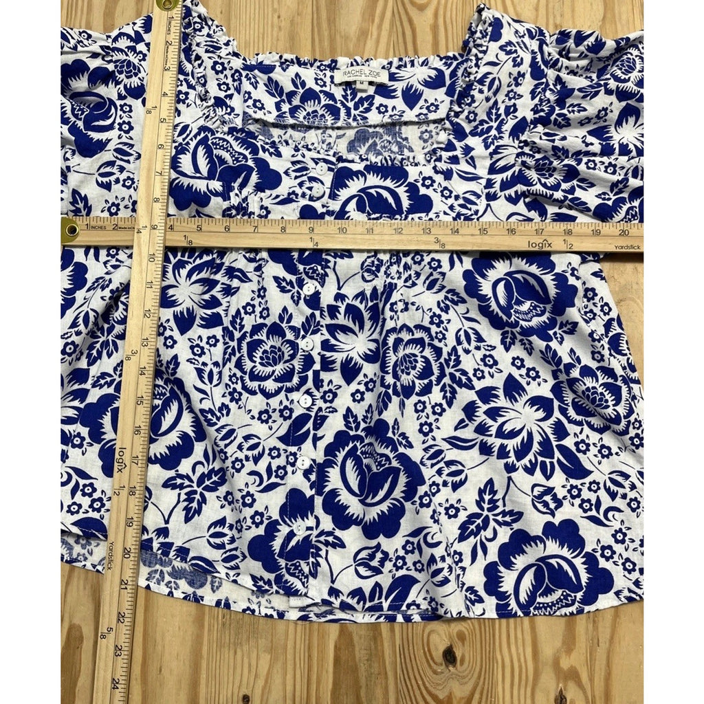 Rachel Zoe Women 3/4 Sleeve Button Linen Rayon Top Size M White Blue Floral