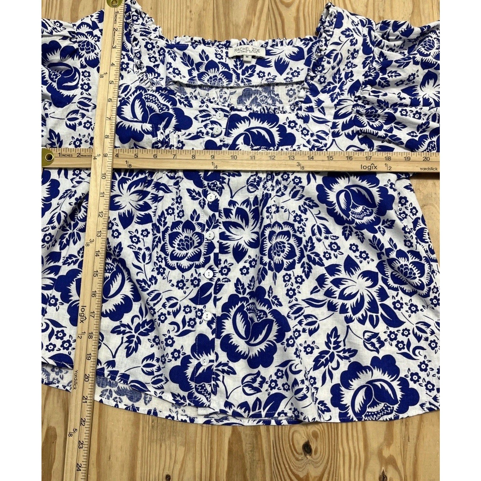 Rachel Zoe Women 3/4 Sleeve Button Linen Rayon Top Size M White Blue Floral