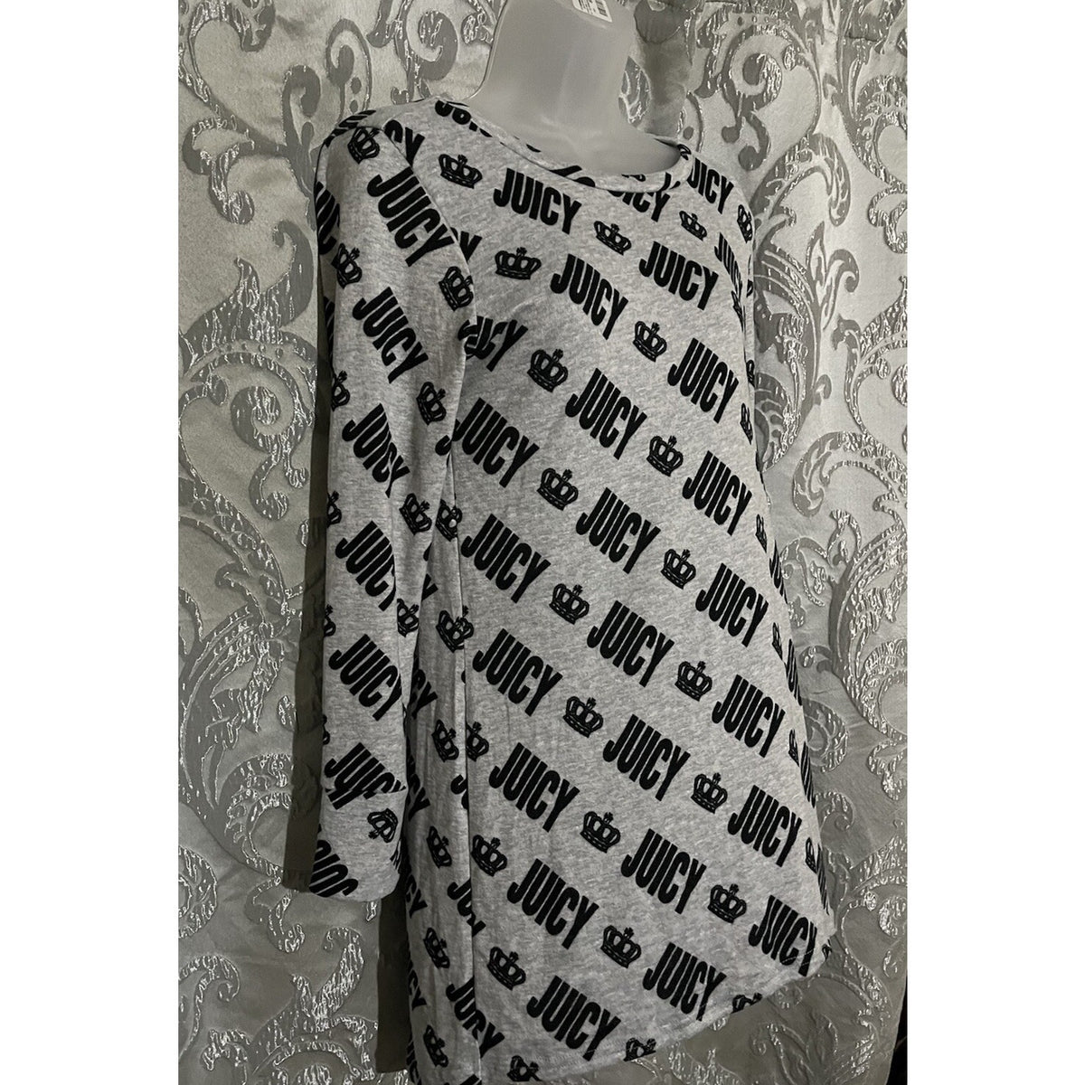 NWT Juicy Couture Shirt Women M Gray Crown Logo All Over Long Sleeve Pullover