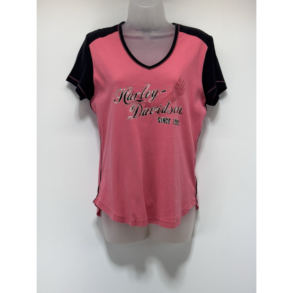 Harley Davidson T-Shirt Pink Black Rhinestones Logo Women’s Size XL