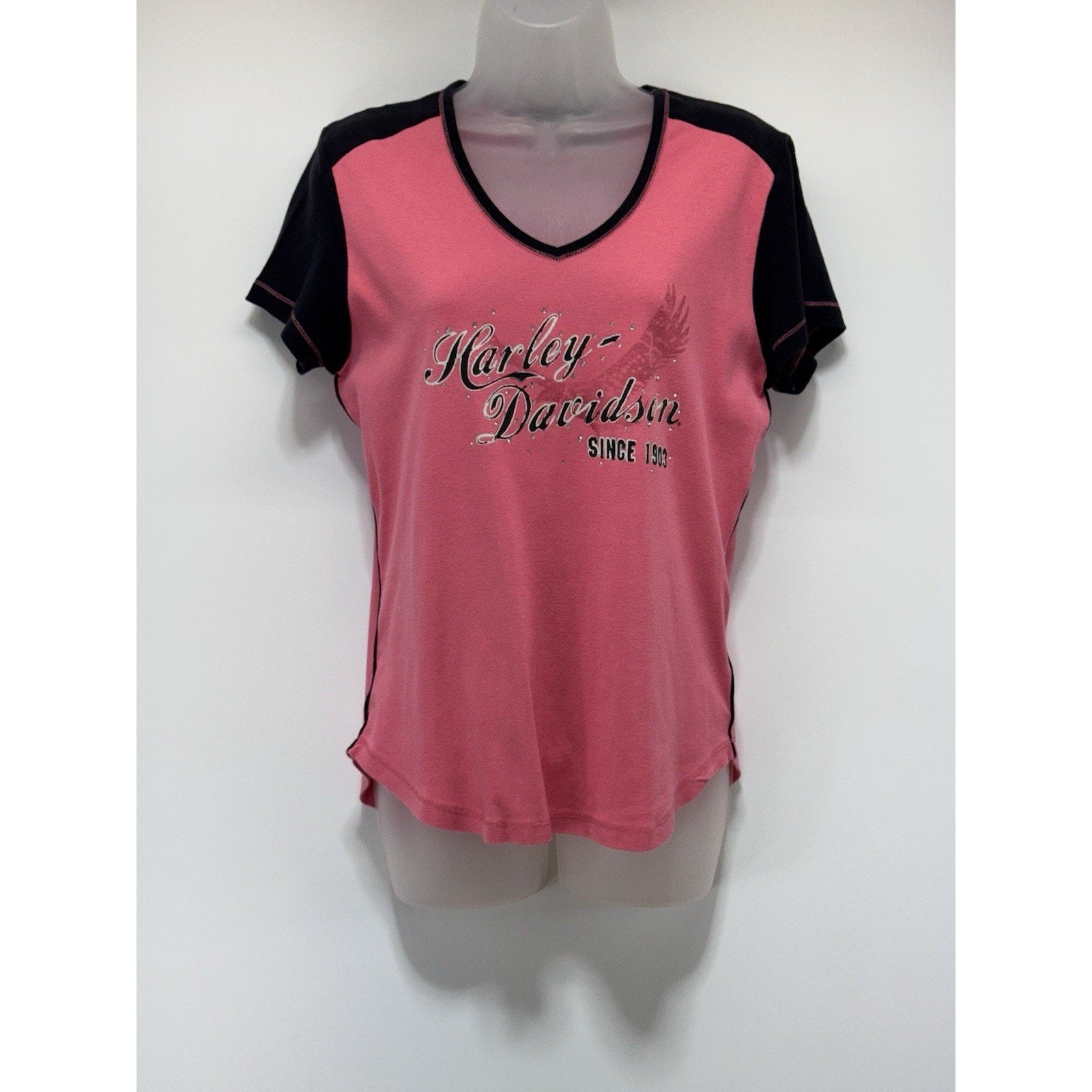 Harley Davidson T-Shirt Pink Black Rhinestones Logo Women’s Size XL