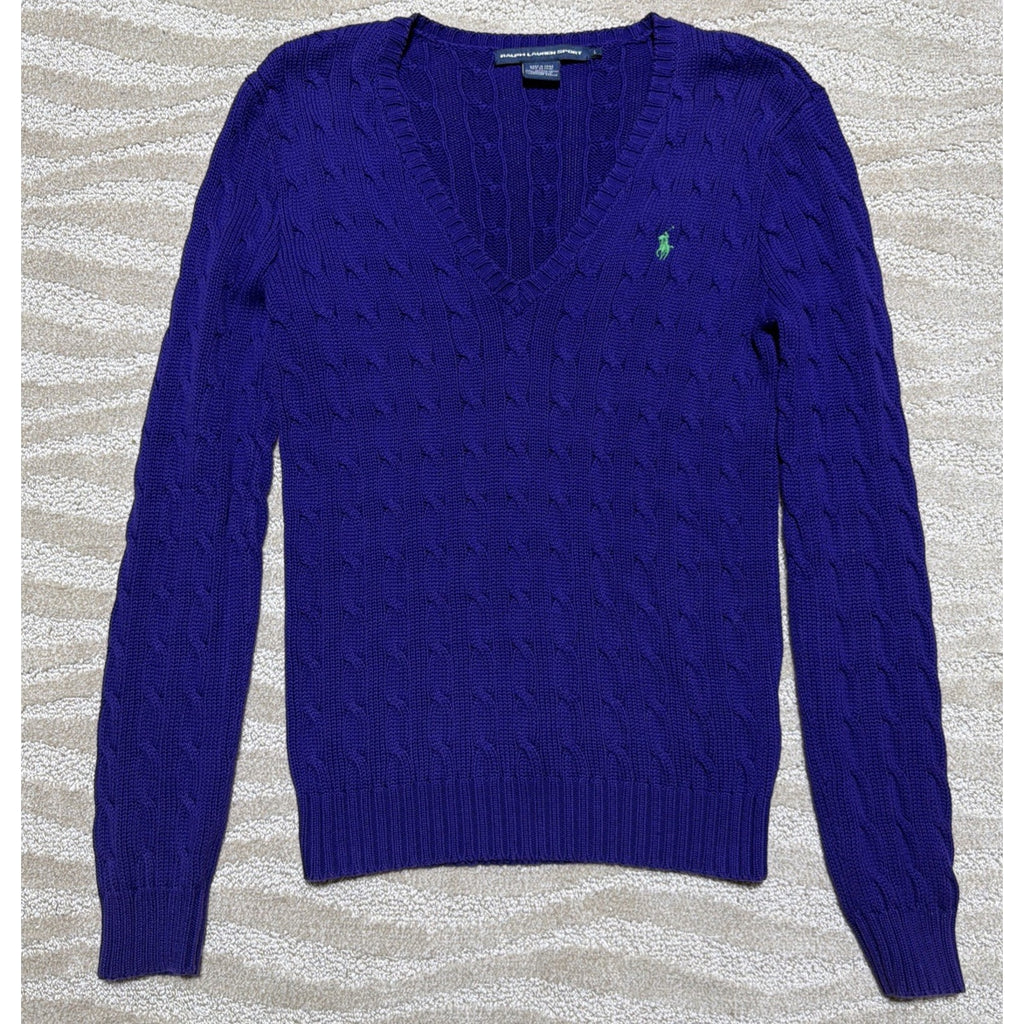 Ralph Lauren Sport Womens Large Purple Cable Knit V Neck Cotton Sweater Pony