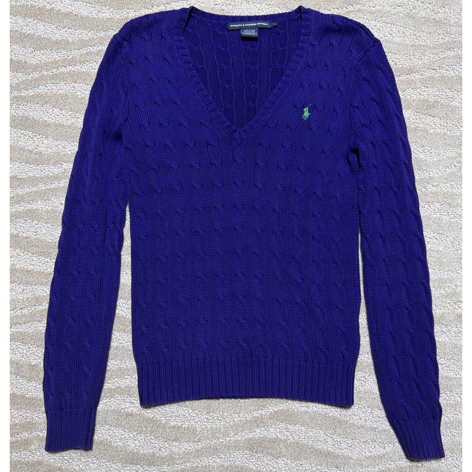 Ralph Lauren Sport Womens Large Purple Cable Knit V Neck Cotton Sweater Pony