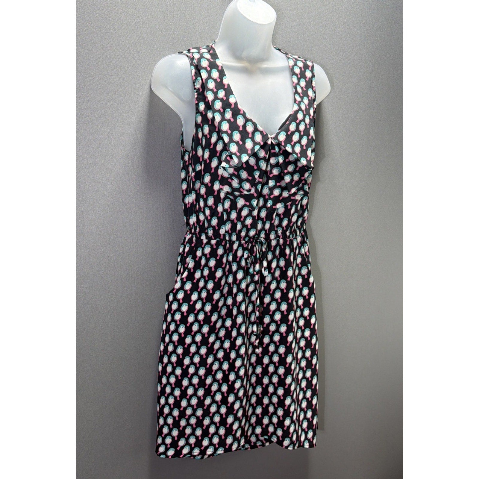 BeBop Dress Womens M Black Bird Print Ruffle V Neck Hi Low Drawstring Waist