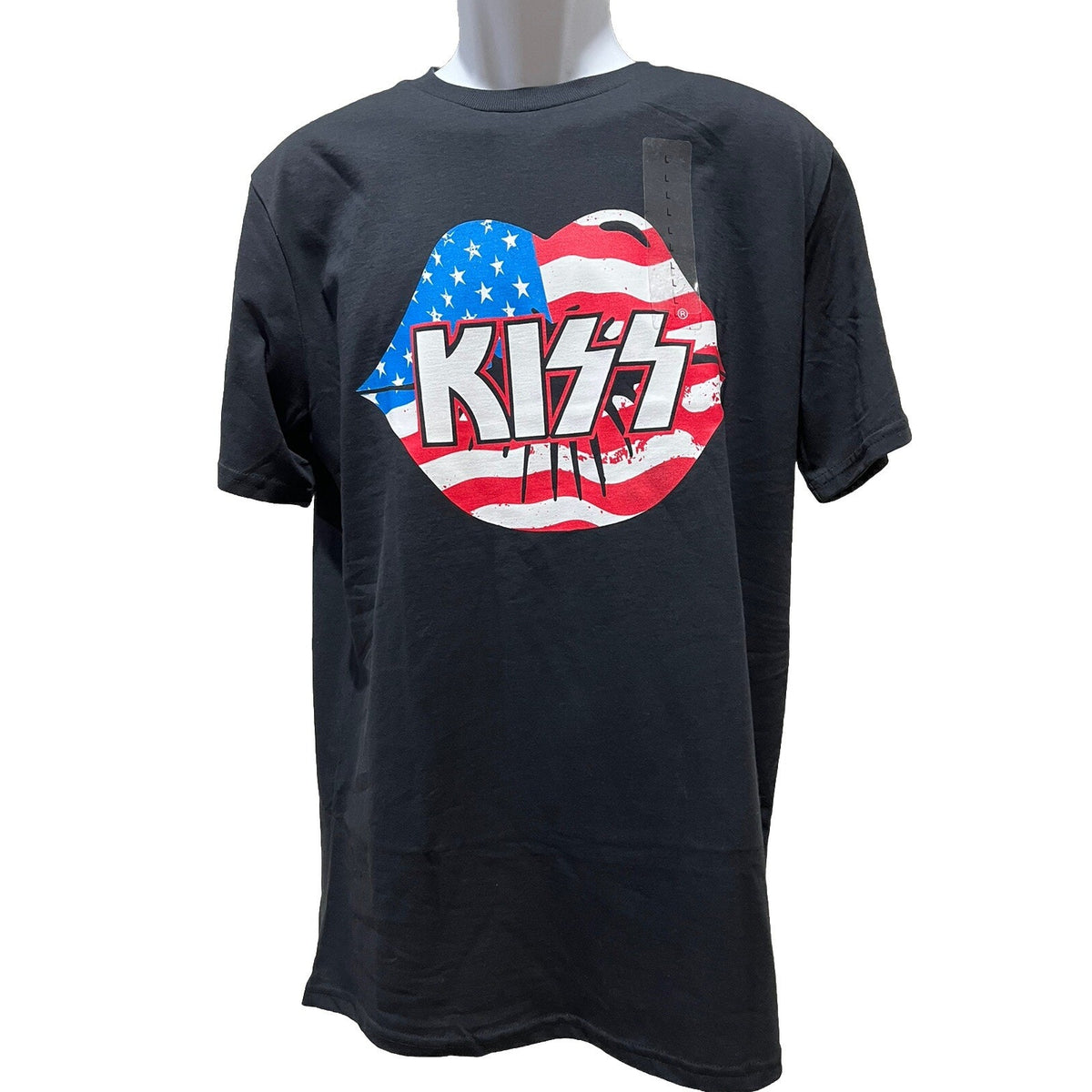 KISS Band T-Shirt Men’s American Flag Logo Black Amplified Lips NWT