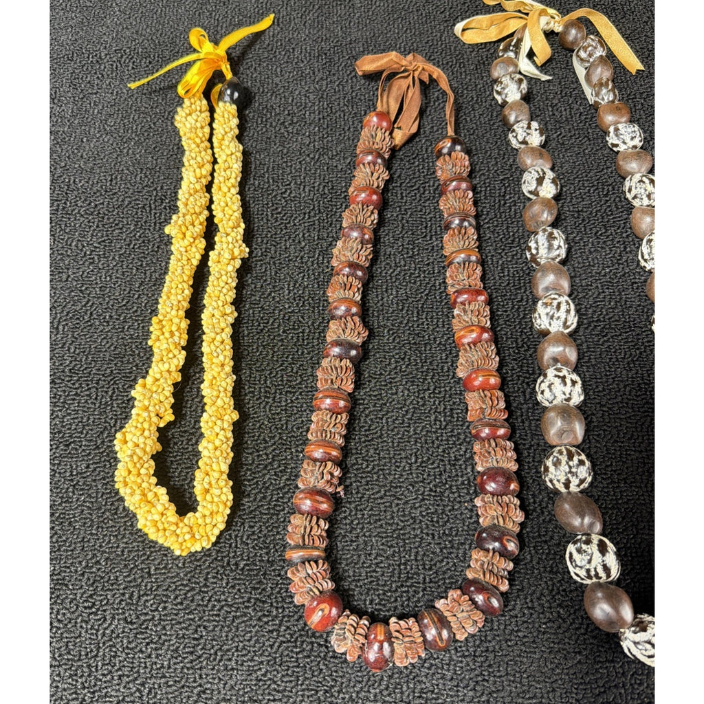 3 Mongo Shell Hawaiian Lei Necklace Accented w/ Kukui Nuts Luau