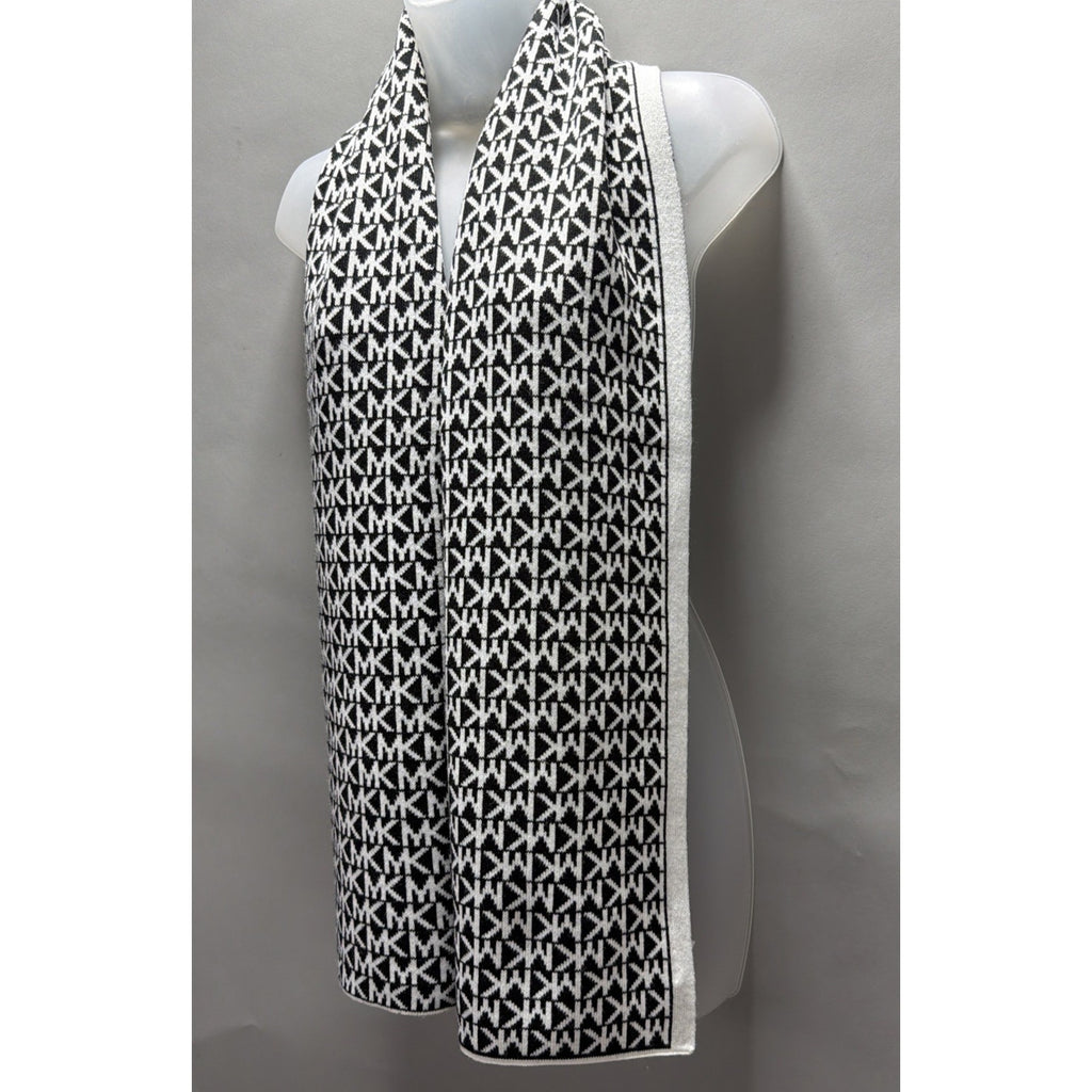 Michael Kors 100% Acrylic Mk Monogram Scarf Black White Jacquard Knit Wrap