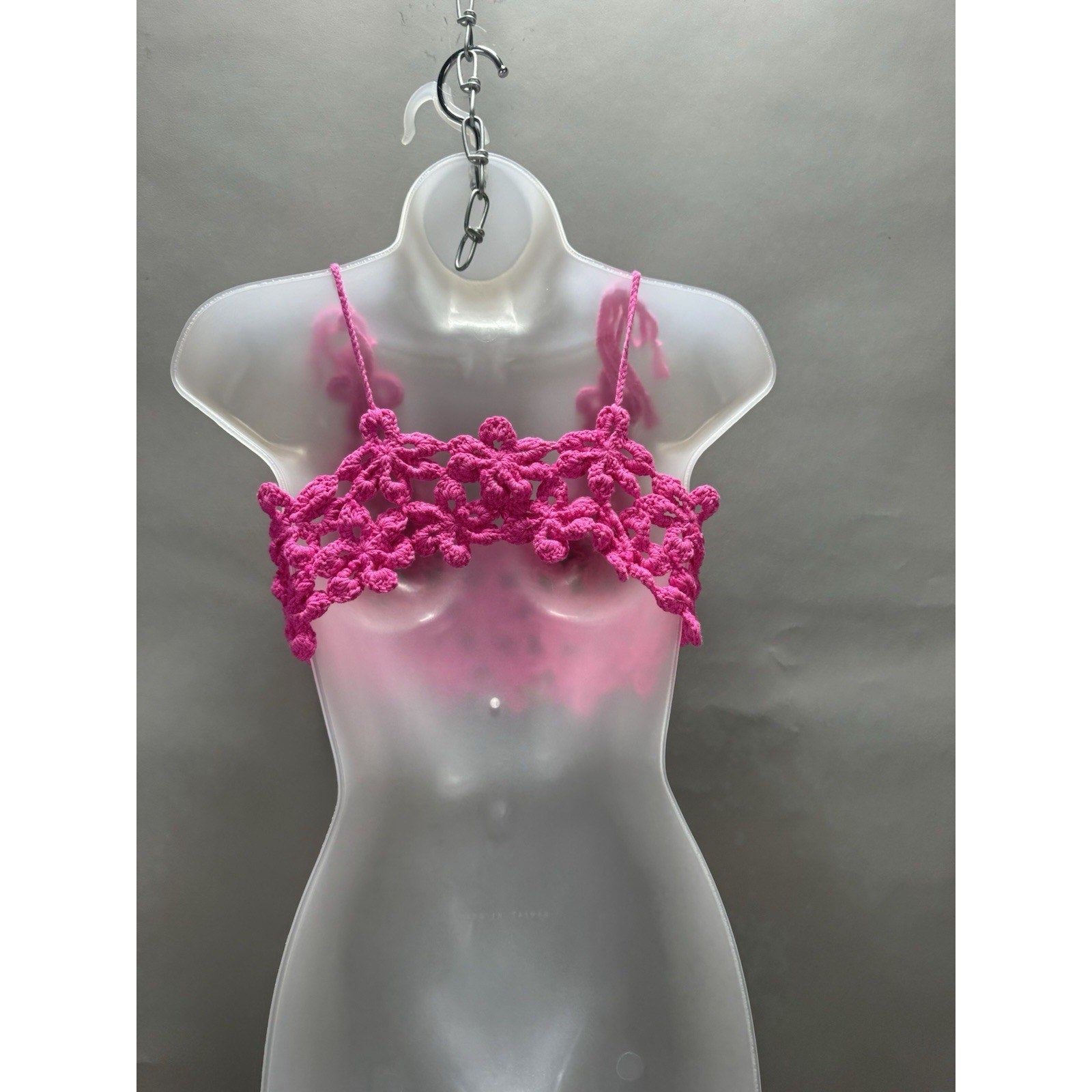 Beehive Crochet Art Pink Floral Bralette Top Size S Boho Festival Beach Cover Up