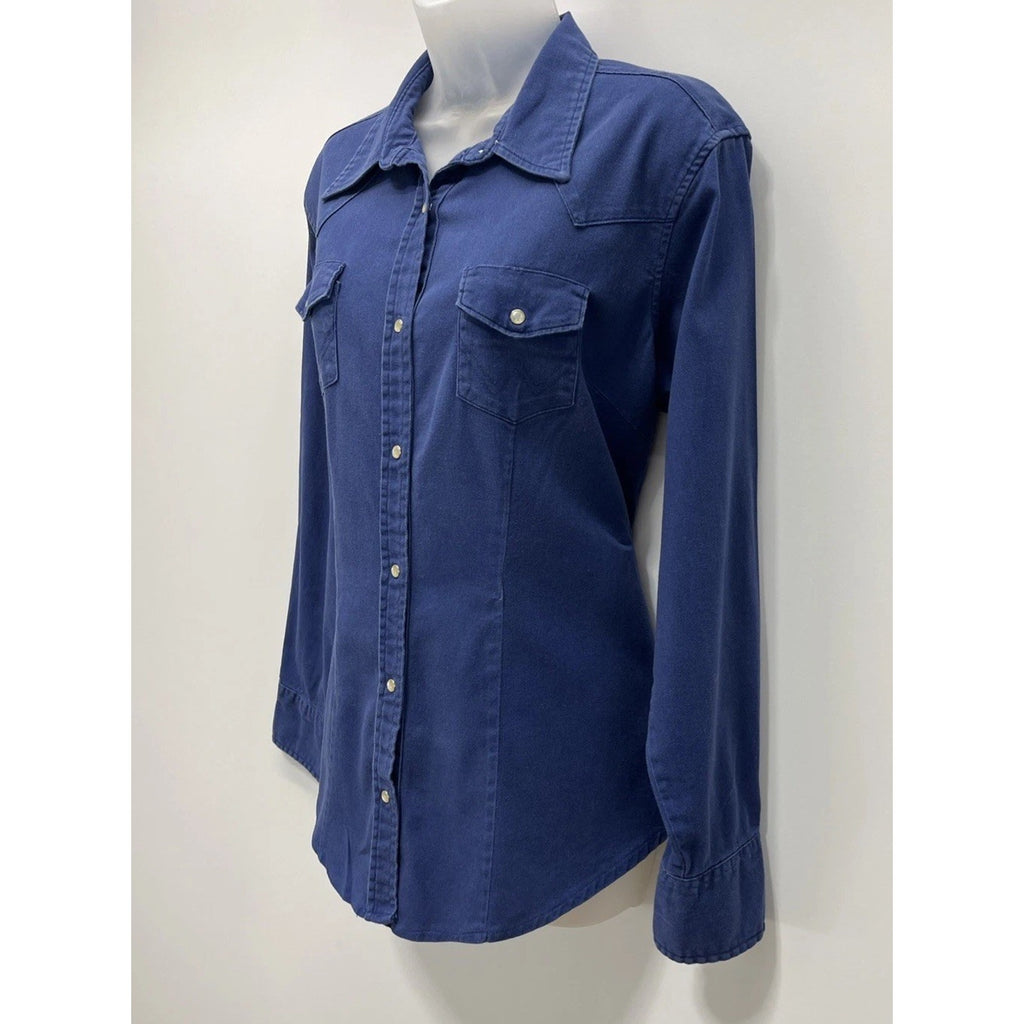 Vtg Wrangler Wrancher Blue Distressed Denim Chambray Pearl Snap Women XL Flaw
