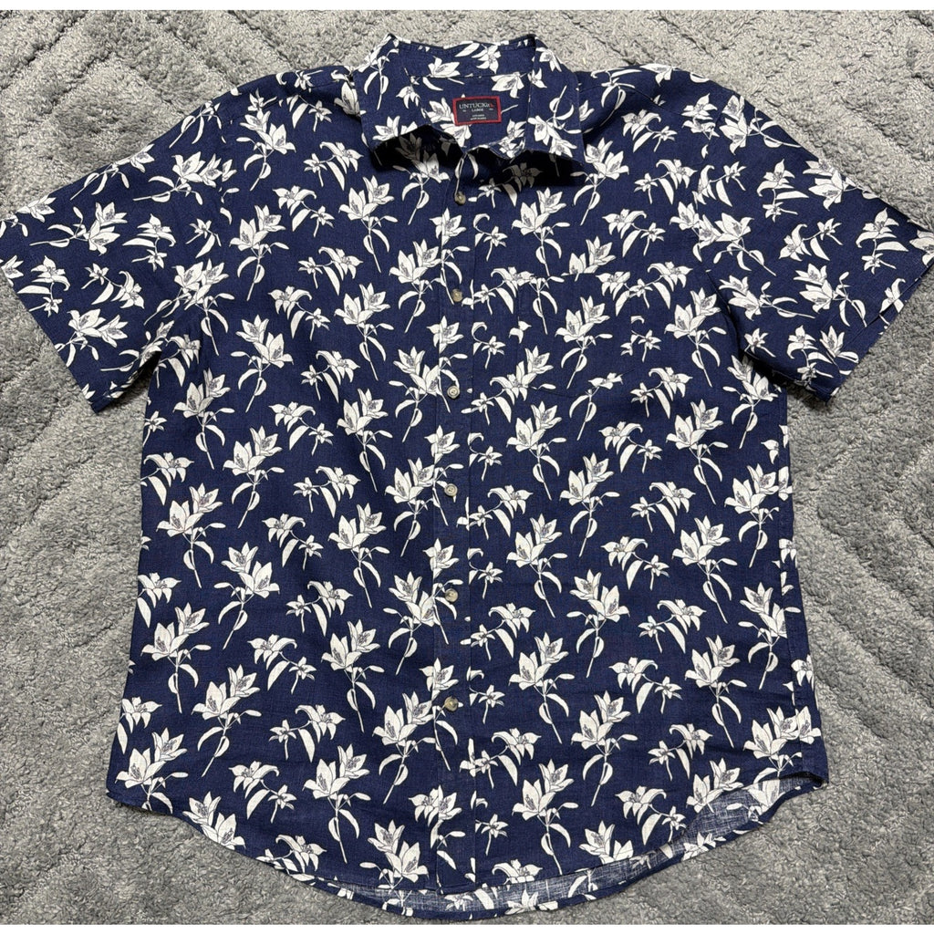 UNTUCKit Shirt Mens Large Blue Floral 100% Linen Short Sleeve Button Up