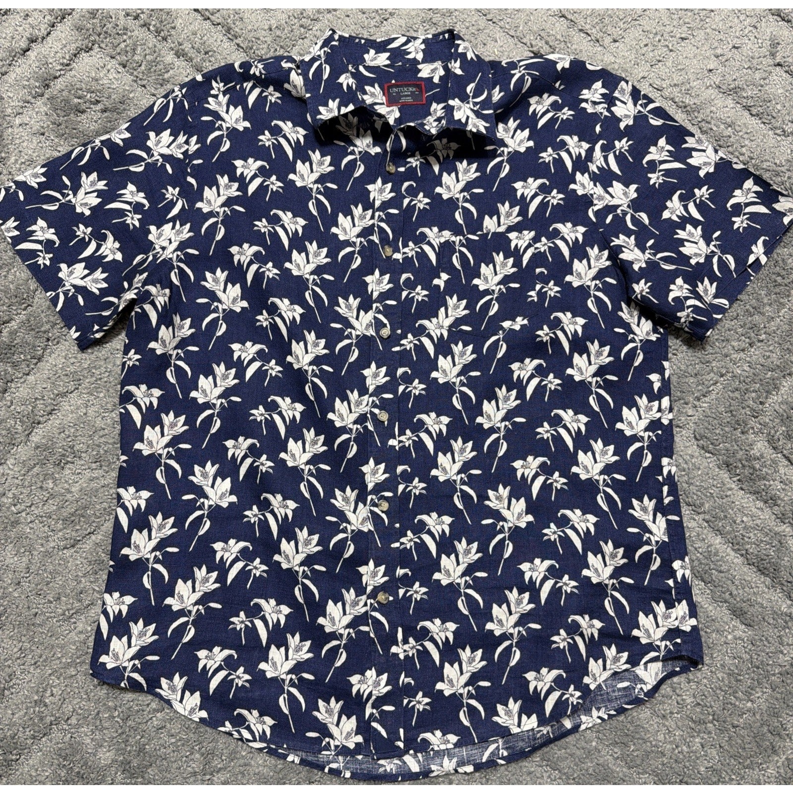 UNTUCKit Shirt Mens Large Blue Floral 100% Linen Short Sleeve Button Up