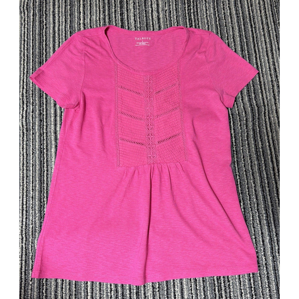 Talbots T-Shirt Top Womens Size Small Pink Crochet Round Neck Sleeve Cotton Knit
