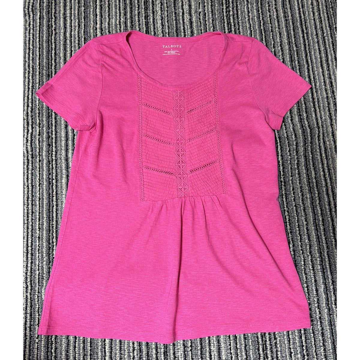 Talbots T-Shirt Top Womens Size Small Pink Crochet Round Neck Sleeve Cotton Knit