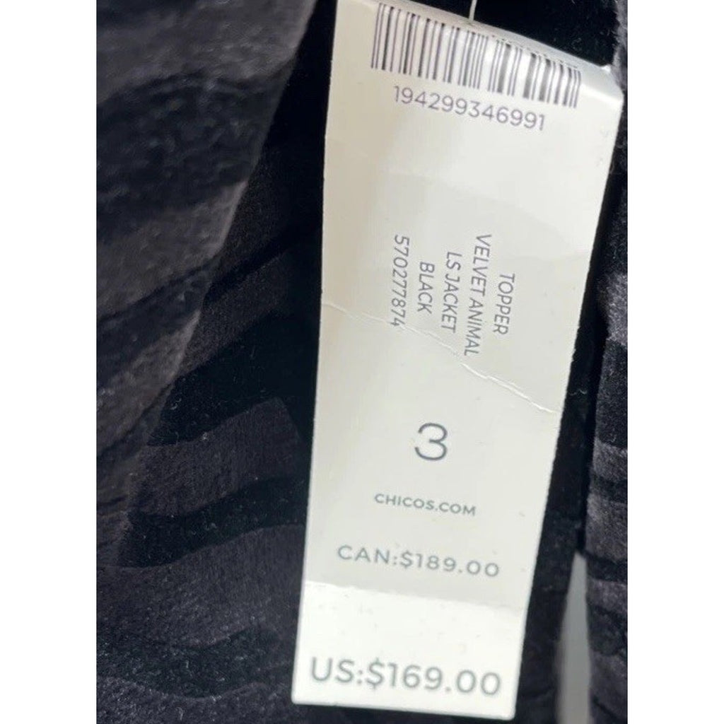 CHICO'S BLACK EMBOSSED ZEBRA PRINT VELVET JACKET SIZE 3 NWT