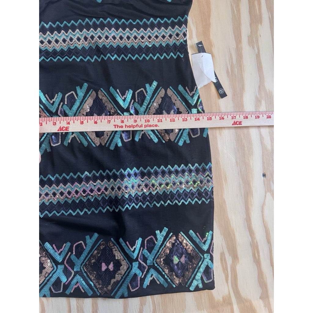 AS U WISH Sequin Bodycon Mini Dress Womens Small Black Teal Aztec Party Cocktail