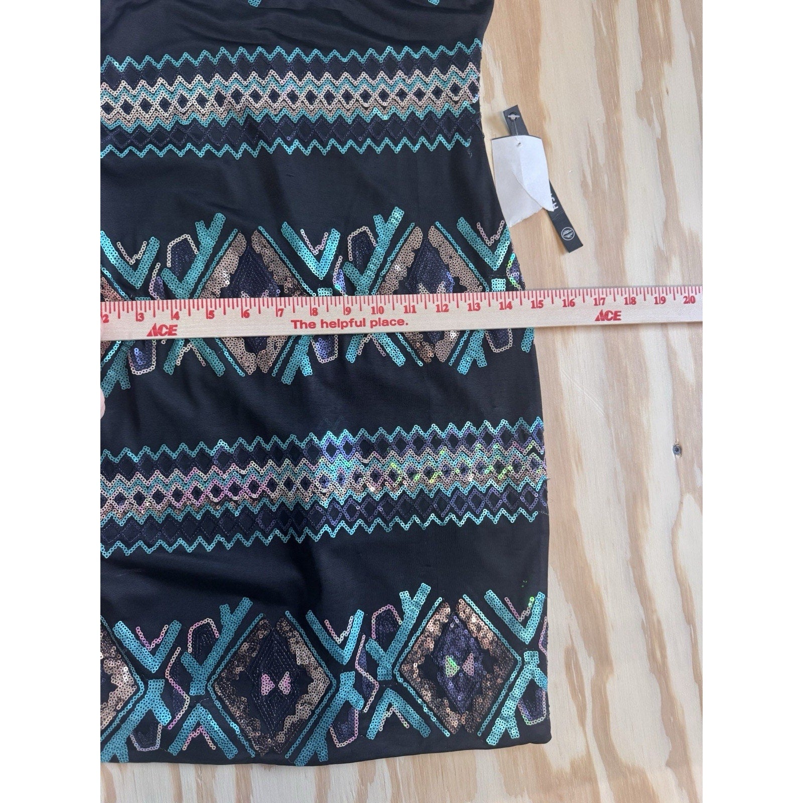 AS U WISH Sequin Bodycon Mini Dress Womens Small Black Teal Aztec Party Cocktail