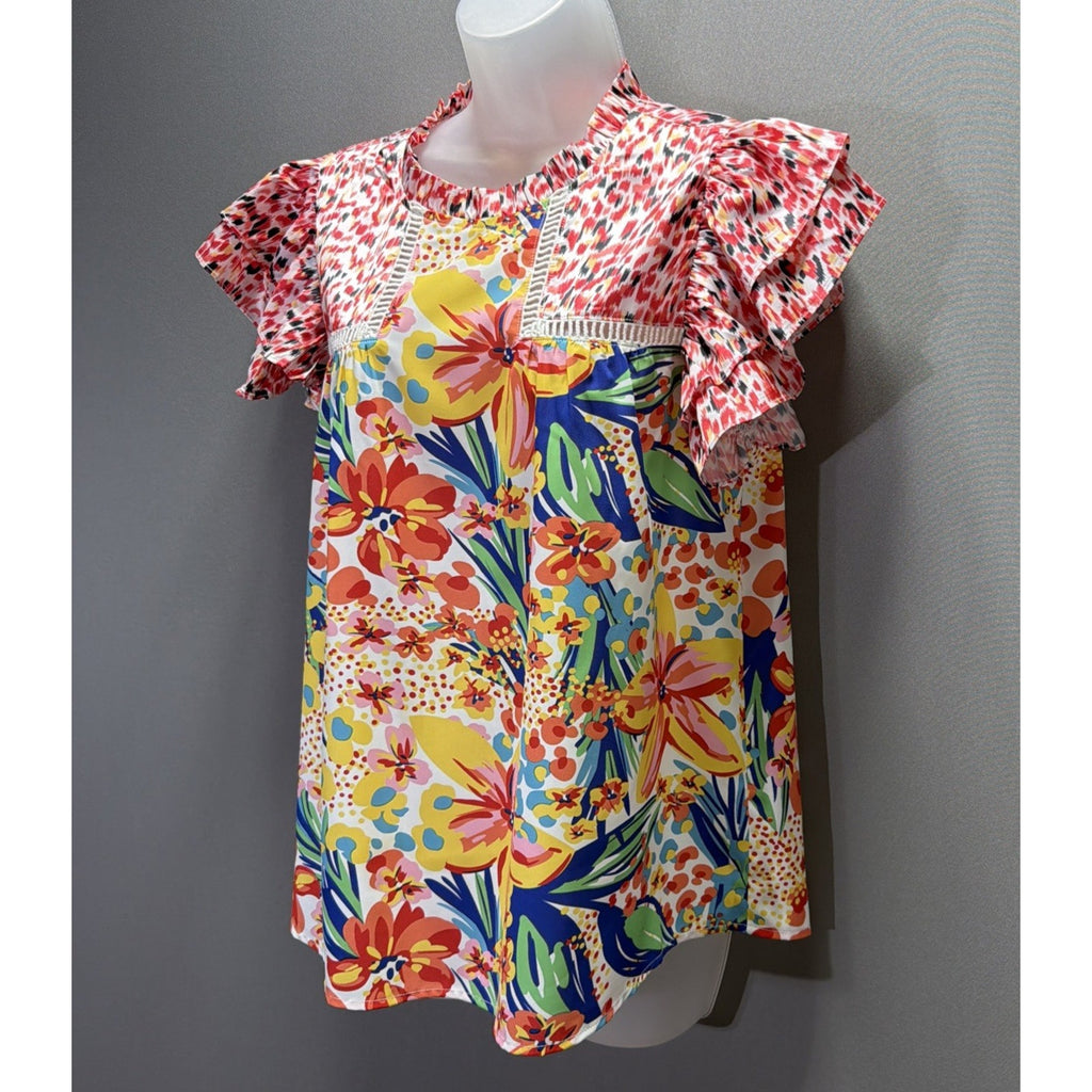 JodiFL Floral Crotchet Ruffle Sleeve Blouse Top Sz Small