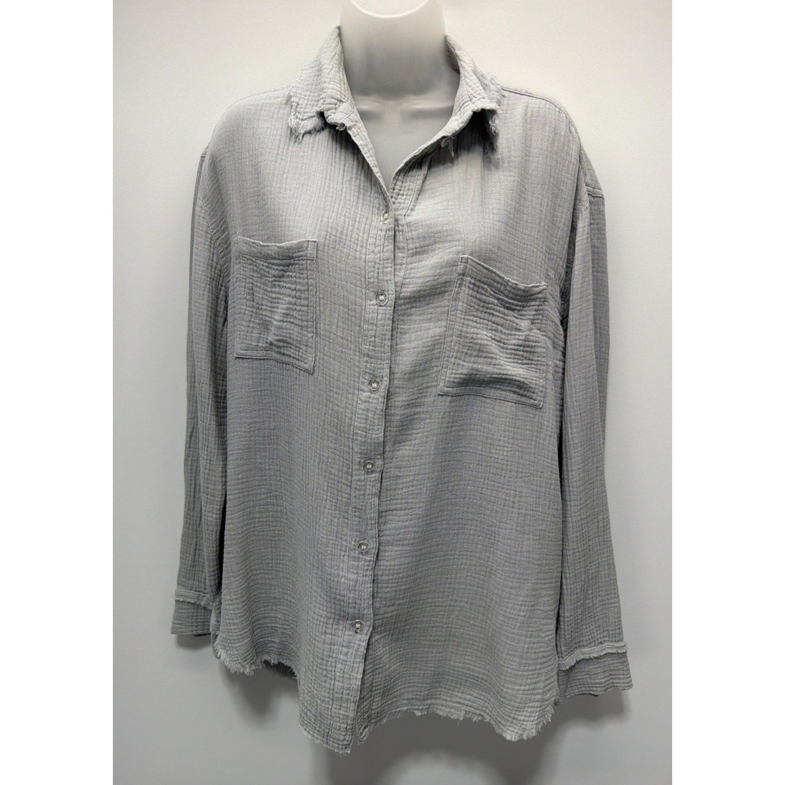 La Miel Button Up Shirt Women's Small Gray Long Sleeve Oversized Raw Hem Cotton