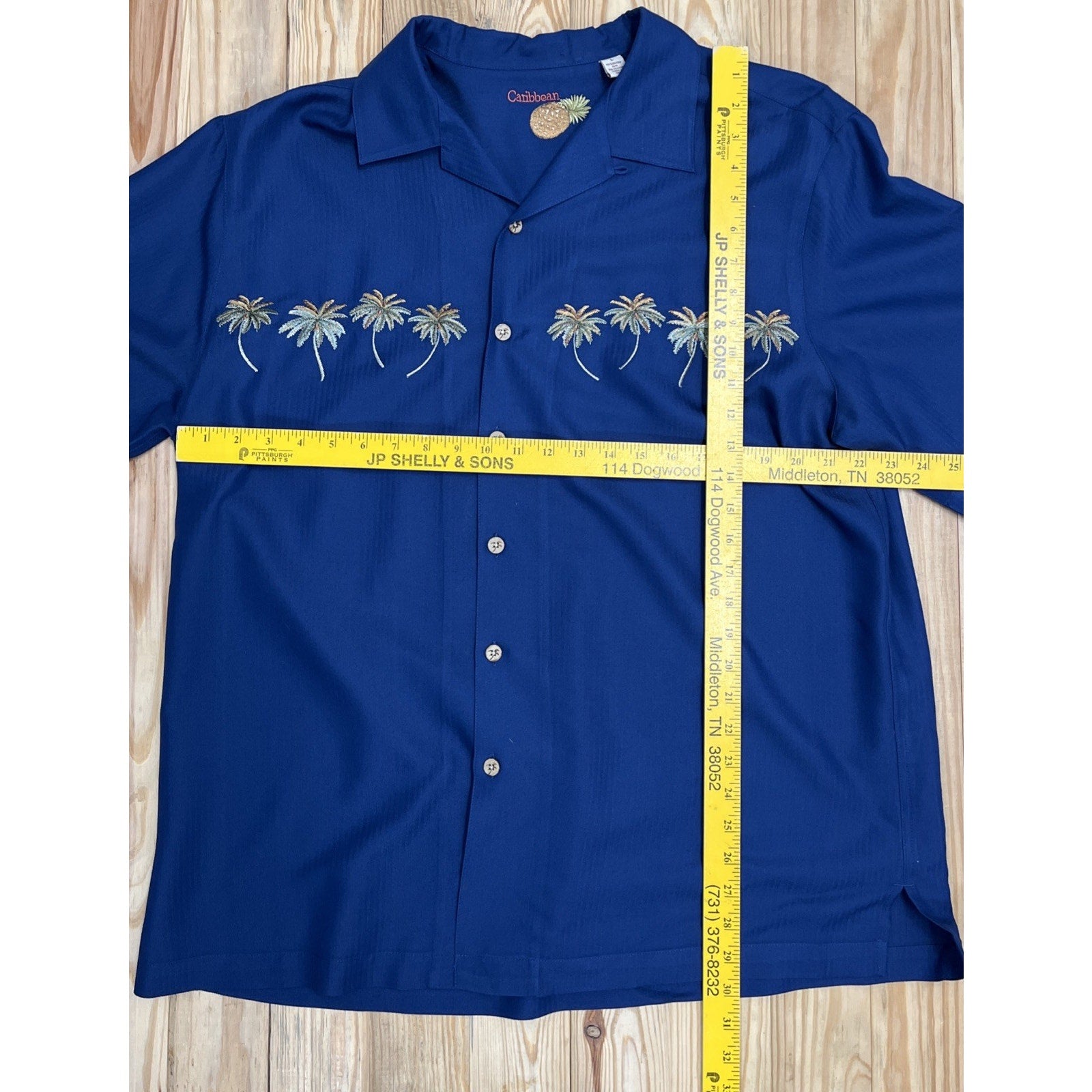 Caribbean Men's Blue Short Sleeve Button Up Tropical Hawaiian Shirt Size Large